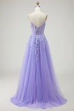 Purple Strapless A-Line Appliqued Sequins Convertible Long Prom Dress with Slit