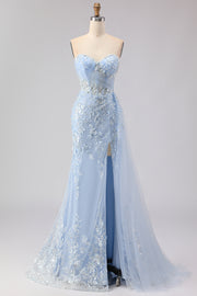 Blue Mermaid Sweetheart Corset Beaded Sequin Long Prom Dress with Slit