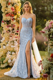 Blue Sweetheart Mermaid Corset Beaded Sequins Long Prom Dress with Slit