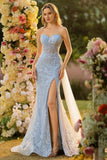 Blue Sweetheart Mermaid Corset Beaded Sequins Long Prom Dress with Slit
