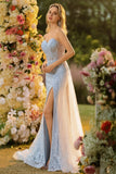 Blue Sweetheart Mermaid Corset Beaded Sequins Long Prom Dress with Slit