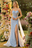 Blue Sweetheart Mermaid Corset Beaded Sequins Long Prom Dress with Slit