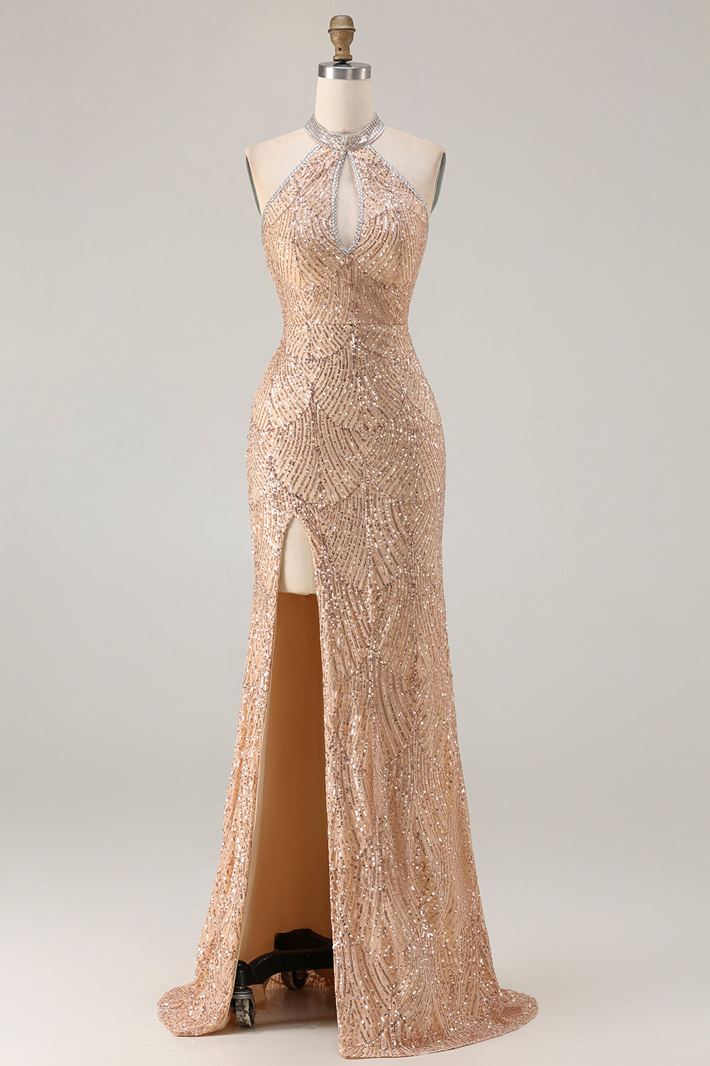 WEDTREND Women Sparkly Champagne Sequin Long Prom Dress Halter Beaded Keyhole Mermaid Party Dress with Slit WEDTREND Women Sparkly Champagne Sequin Long Prom Dress Halter Beaded Keyhole Mermaid Party Dress with Slit