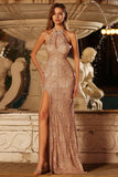 Sparkly Champagne Beaded Mermaid Halter Sequin Keyhole Long Prom Dress with Slit