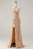 Sparkly Champagne Halter Sequin Beaded Mermaid Cut Out Long Prom Dress with Slit