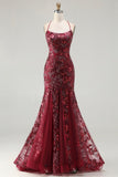 Sparkly Burgundy Mermaid Sequins Appliqued Long Prom Dress with Lace Up Back