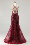 Sparkly Burgundy Mermaid Sequins Appliqued Long Prom Dress with Lace Up Back