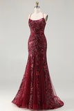 Sparkly Burgundy Mermaid Sequins Appliqued Long Prom Dress with Lace Up Back