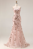 Sparkly Rose Golden Mermaid Sequin Appliqued Long Prom Dress with Lace Up Back