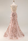 Sparkly Rose Golden Mermaid Sequin Appliqued Long Prom Dress with Lace Up Back