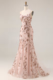 Sparkly Rose Golden Mermaid Sequin Appliqued Long Prom Dress with Lace Up Back