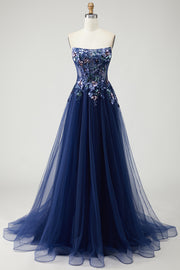 Navy Strapless A-Line Corset Embroidered Tulle Long Prom Dress with Sequins