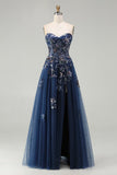 Navy A-Line Sweetheart Corset Sequins Lace Up Back Long Prom Dress with Slit