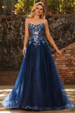 Strapless Navy A-Line Corset Embroidered Tulle Long Prom Dress with Sequins