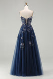 Navy A-Line Sweetheart Corset Sequins Lace Up Back Long Prom Dress with Slit