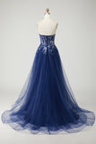 Navy Strapless A-Line Corset Embroidered Tulle Long Prom Dress with Sequins