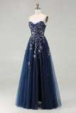 Navy A-Line Sweetheart Corset Sequins Lace Up Back Long Prom Dress with Slit