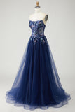 Navy Strapless A-Line Corset Embroidered Tulle Long Prom Dress with Sequins