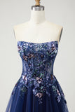 Navy Strapless A-Line Corset Embroidered Tulle Long Prom Dress with Sequins