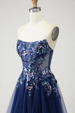 Navy Strapless A-Line Corset Embroidered Tulle Long Prom Dress with Sequins