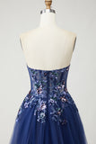 Navy Strapless A-Line Corset Embroidered Tulle Long Prom Dress with Sequins