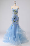 Blue Sequin Mermaid Embrodiered Corset Long Prom Dress with Ruffles