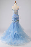 Blue Sequin Mermaid Embrodiered Corset Long Prom Dress with Ruffles