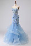 Blue Sequin Mermaid Embrodiered Corset Long Prom Dress with Ruffles