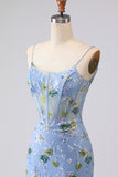 Blue Sequin Mermaid Embrodiered Corset Long Prom Dress with Ruffles