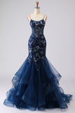 Blue Sequin Mermaid Embrodiered Corset Long Prom Dress with Ruffles