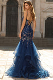 Blue Sequin Mermaid Embrodiered Corset Long Prom Dress with Ruffles