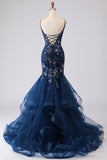 Blue Sequin Mermaid Embrodiered Corset Long Prom Dress with Ruffles