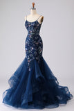 Blue Sequin Mermaid Embrodiered Corset Long Prom Dress with Ruffles