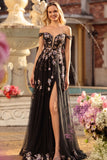 Off The Shoulder Grey Blue Floral A-Line Corset Sequins Long Prom Dress with Slit