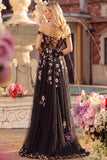 Off The Shoulder Grey Blue Floral A-Line Corset Sequins Long Prom Dress with Slit