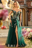 Dark Green Floral A-Line Off The Shoulder Corset Sequins Long Prom Dress with Slit