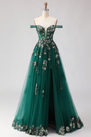 Off The Shoulder Dark Green Floral A-Line Corset Sequins Long Prom Dress with Slit