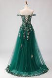 Dark Green Floral A-Line Off The Shoulder Corset Sequins Long Prom Dress with Slit