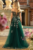 Dark Green Floral A-Line Off The Shoulder Corset Sequins Long Prom Dress with Slit