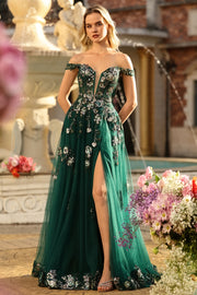 Dark Green Floral A-Line Off The Shoulder Corset Sequins Long Prom Dress with Slit