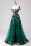 Off The Shoulder Dark Green Floral A-Line Corset Sequins Long Prom Dress with Slit