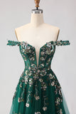 Off The Shoulder Dark Green Floral A-Line Corset Sequins Long Prom Dress with Slit