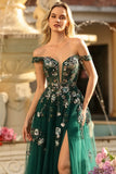 Dark Green Floral A-Line Off The Shoulder Corset Sequins Long Prom Dress with Slit