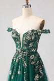 Off The Shoulder Dark Green Floral A-Line Corset Sequins Long Prom Dress with Slit
