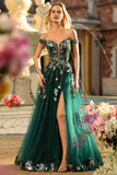 Dark Green Floral A-Line Off The Shoulder Corset Sequins Long Prom Dress with Slit