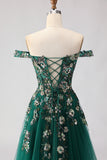 Off The Shoulder Dark Green Floral A-Line Corset Sequins Long Prom Dress with Slit
