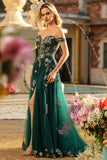 Dark Green Floral A-Line Off The Shoulder Corset Sequins Long Prom Dress with Slit