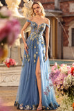 Off The Shoulder Grey Blue Floral A-Line Corset Sequins Long Prom Dress with Slit