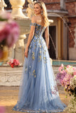 Off The Shoulder Grey Blue Floral A-Line Corset Sequins Long Prom Dress with Slit