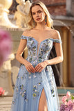 Off The Shoulder Grey Blue Floral A-Line Corset Sequins Long Prom Dress with Slit